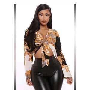 Fashion Nova Real Romance Tie Womens L  Long Bell Sleeve Tie Front V Neck Crop